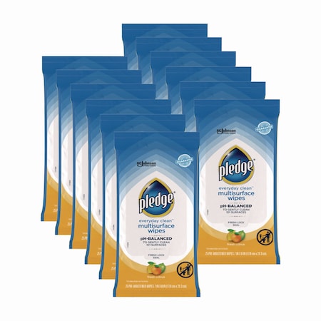 Pledge Multi-Surface Cleaner Wet Wipes, Cloth, 7 x 10, Fresh Citrus, 25 Wipes, 12PK 319249
